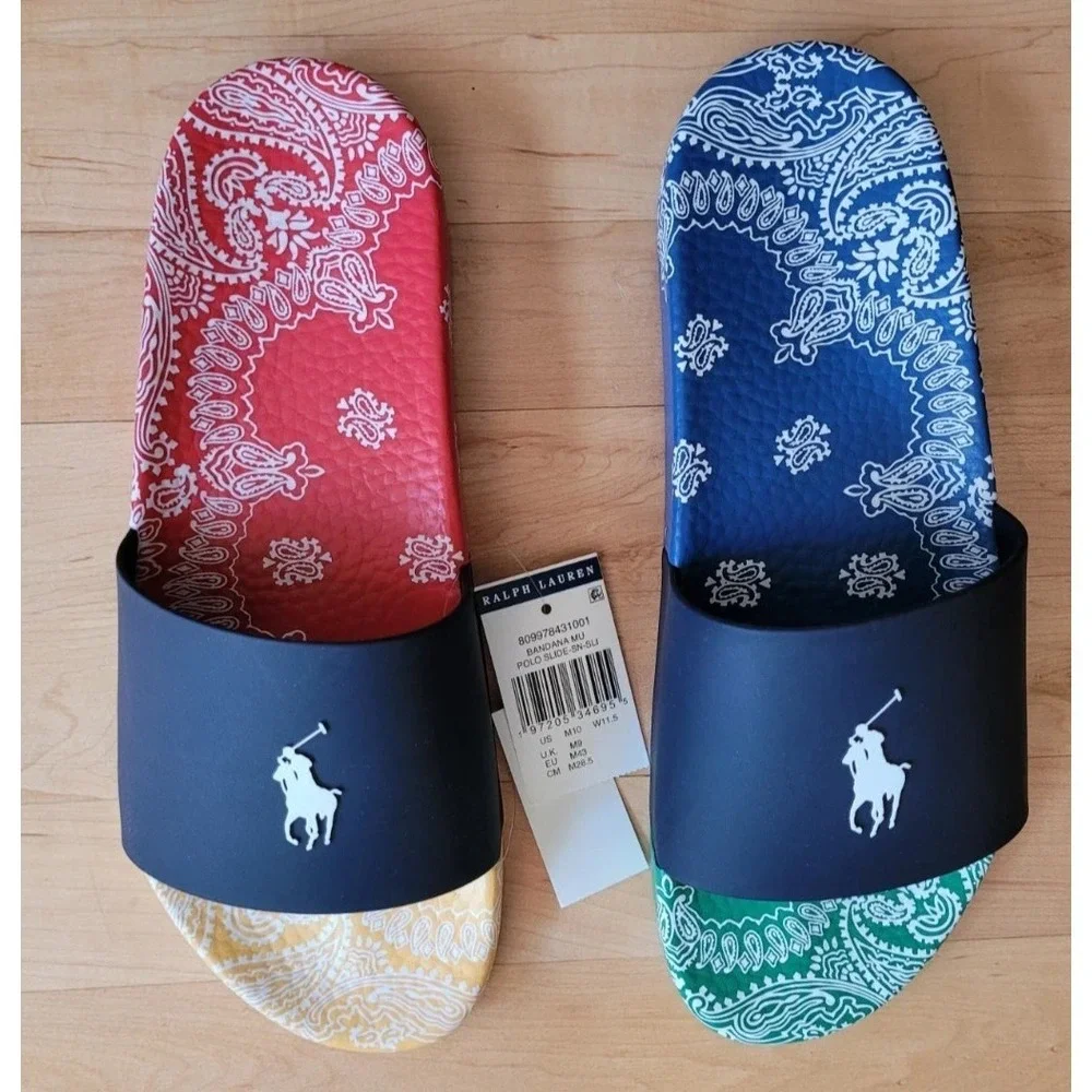 Polo Ralph Lauren Paisley Bandana Color-Block‎ Big Pony Slide Men's Size 12 NWT